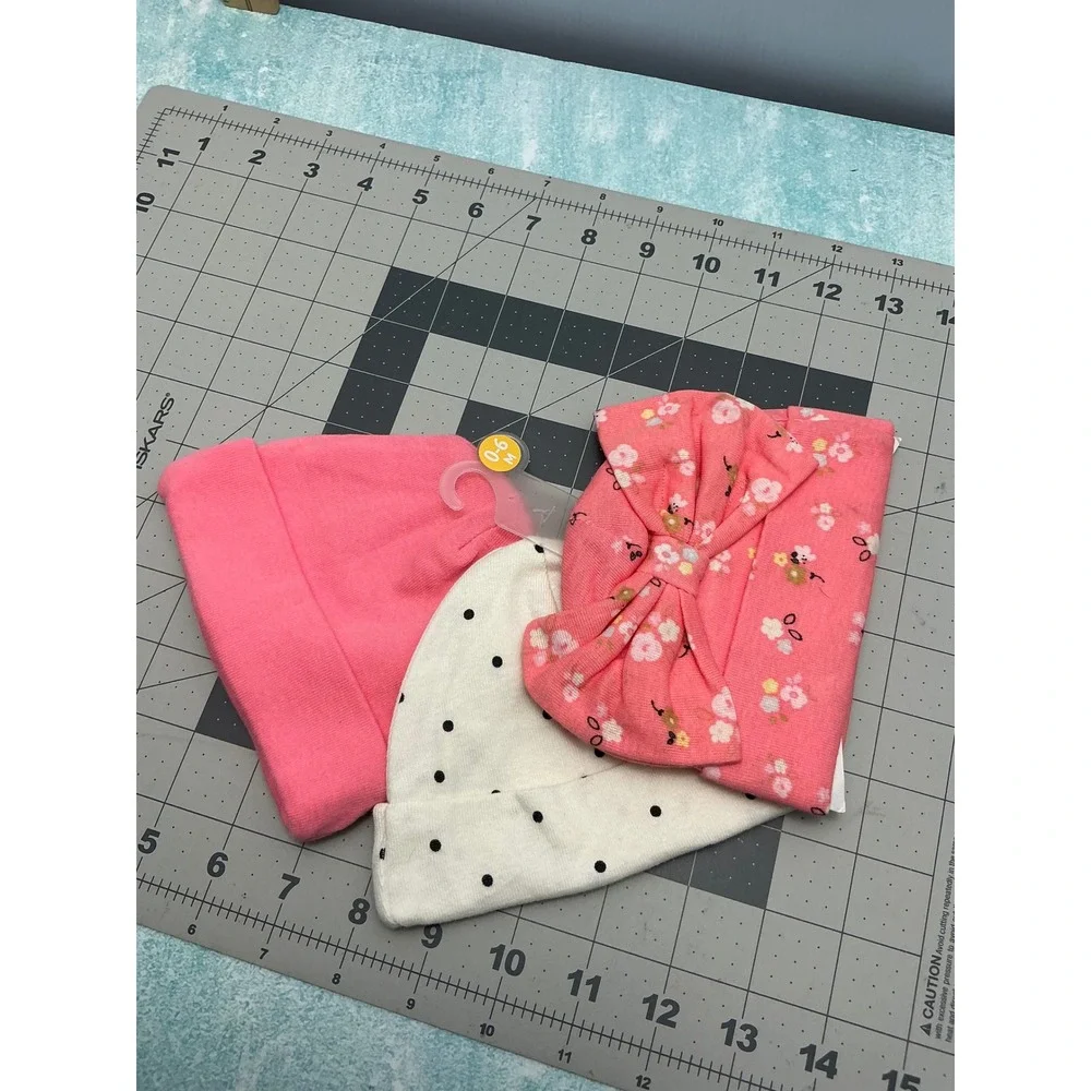 Baby Girl 0-6M Pink Floral Polka Dot Beanie Hat and‎ Bow Headband Set 3pc NEW